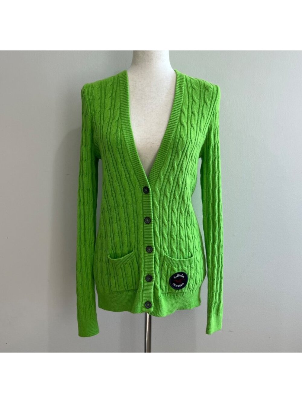 Hollister Y2K Cable Knit Cardigan Sweater Womens L Lime Green V-Neck 100% Cotton